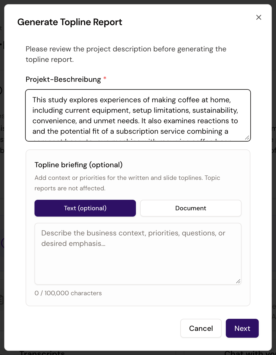 Generate Topline Report dialog with the project description, optional Topline briefing, and Next action