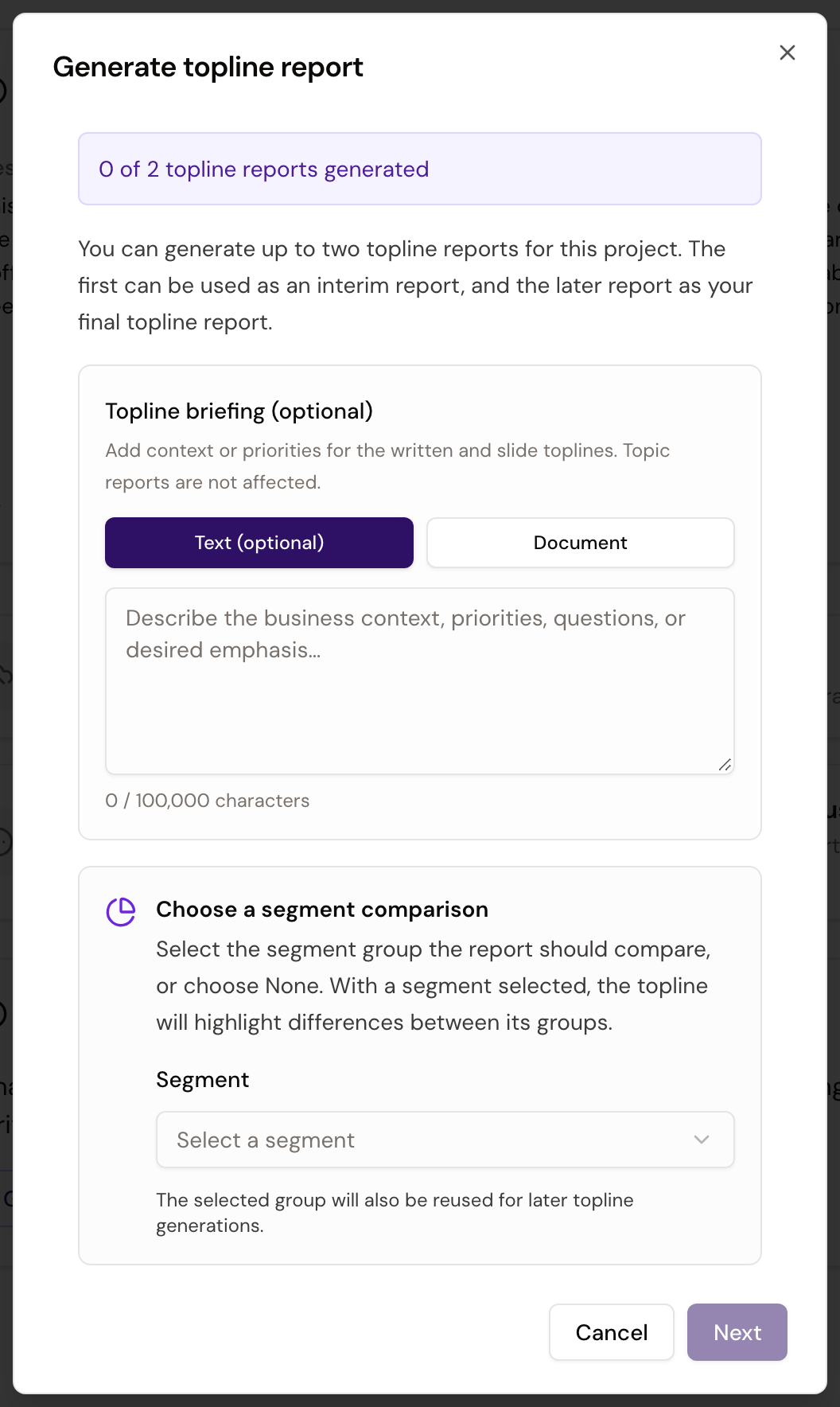 Generate topline report dialog with the report limit, optional Topline briefing, and segment comparison