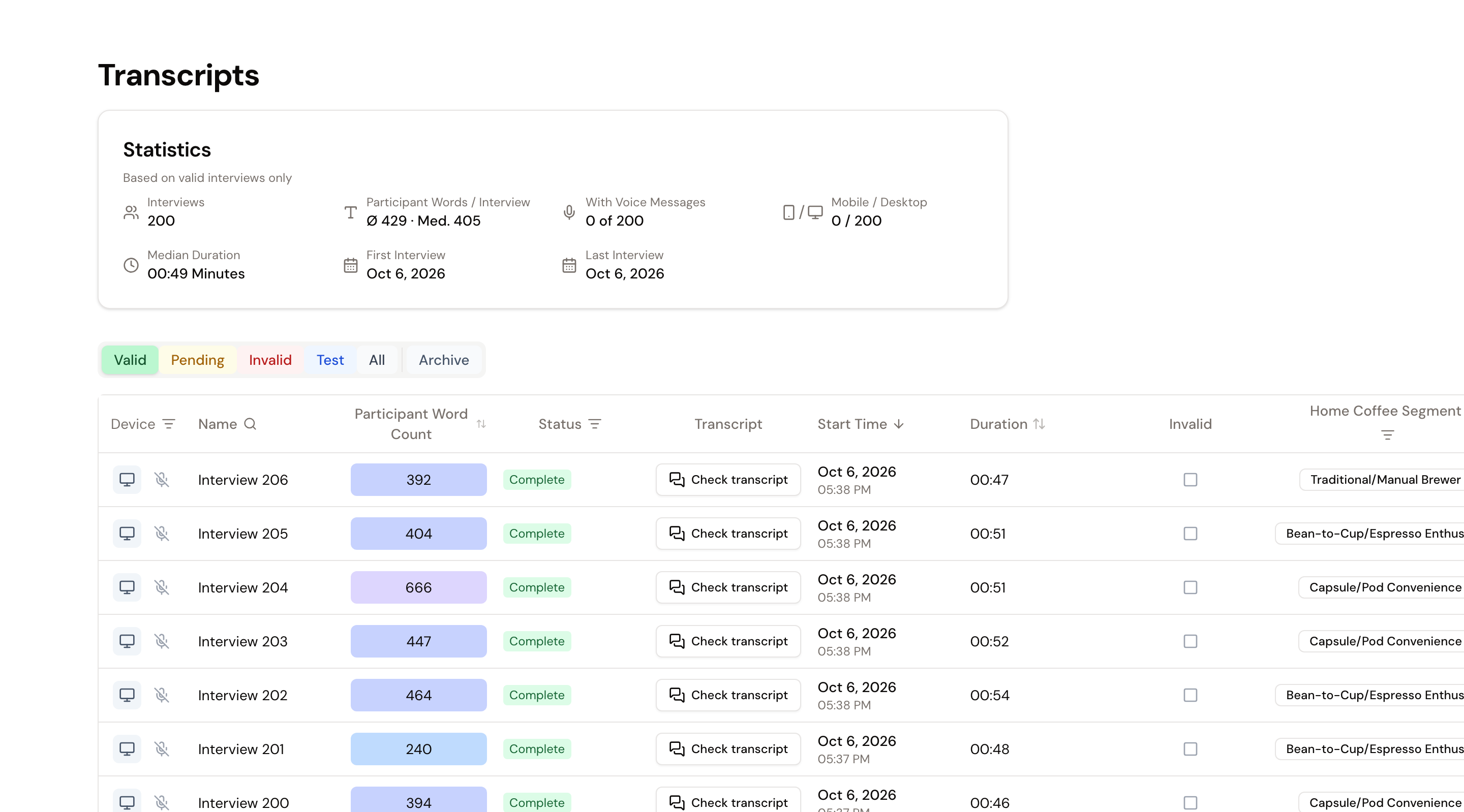Transcripts page with statistics, status tabs, and interview table