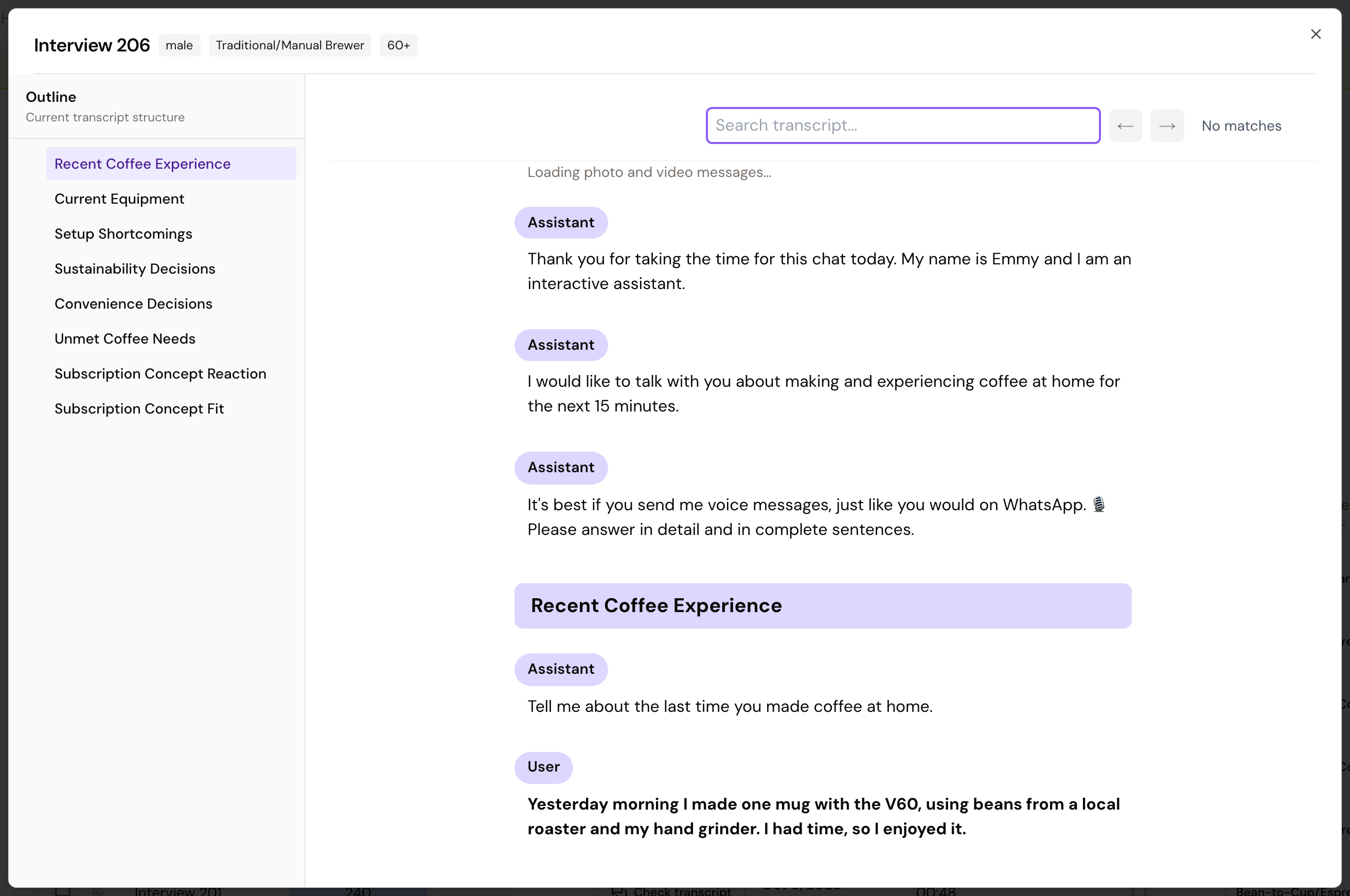 Open chat transcript with outline, search, and conversation