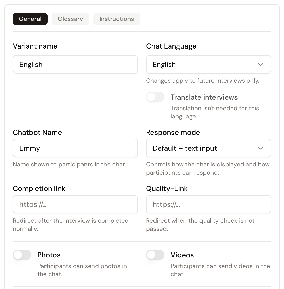 Open Variant Configuration with General, Glossary, and Instructions tabs and settings for language, chatbot, response mode, and redirects
