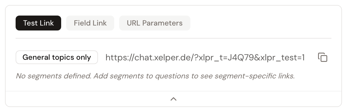 Open Chatbot Links area with Test Link, Field Link, and URL Parameters tabs and the General topics only link