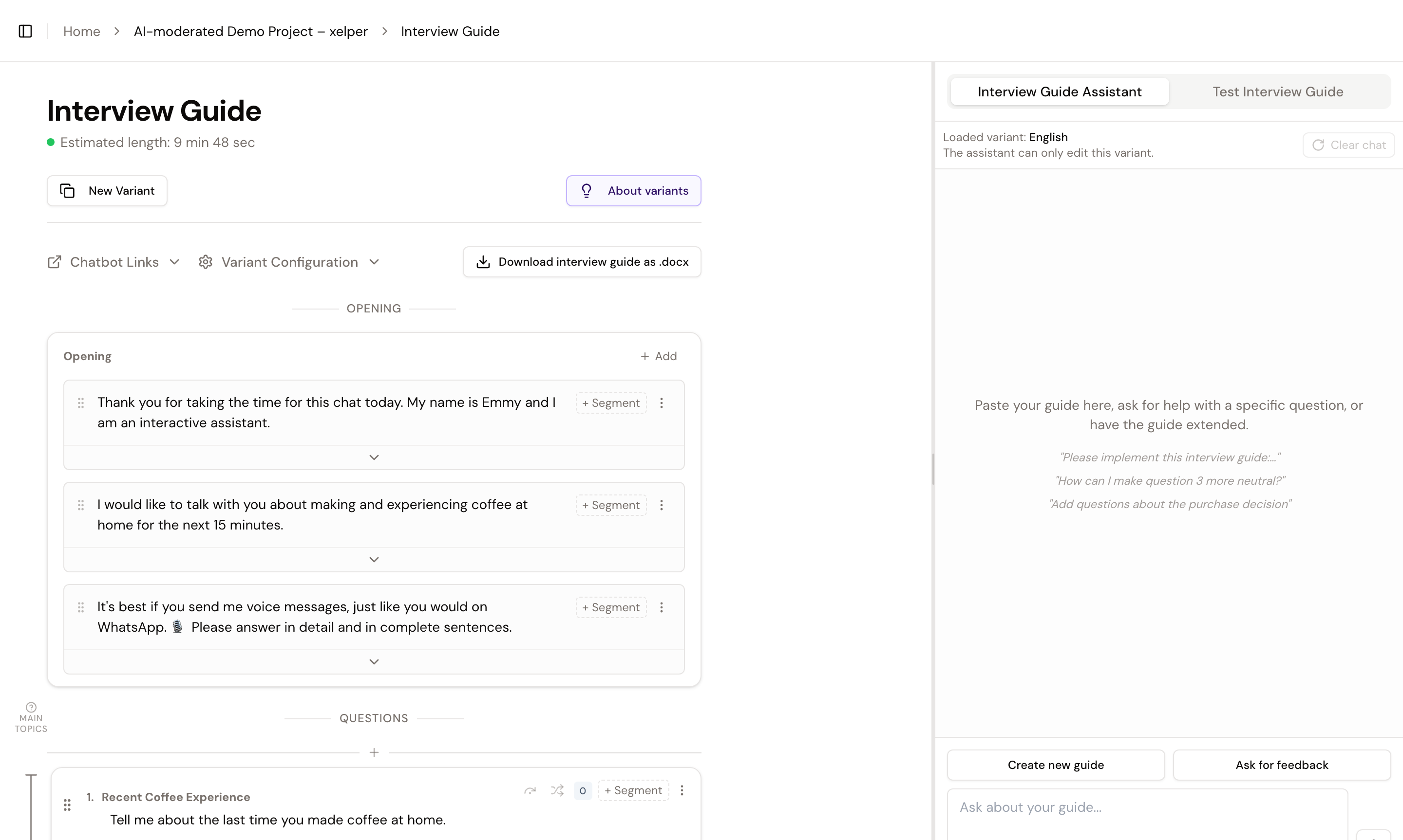 Interview Guide page with the guide, estimated duration, Interview Guide Assistant, and test area