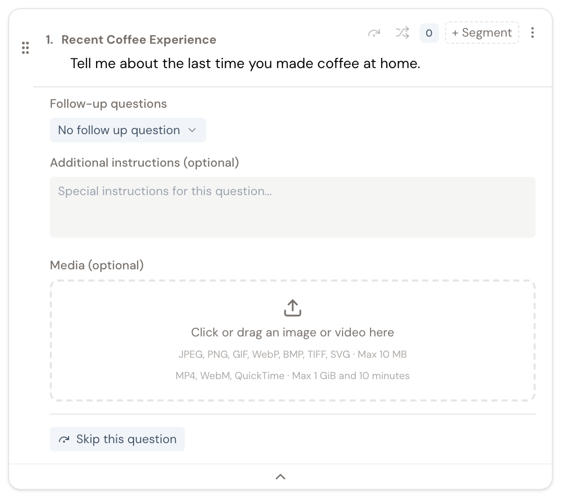 Fully expanded question card with topic name, starting formulation, follow-ups, additional instructions, media, and further controls