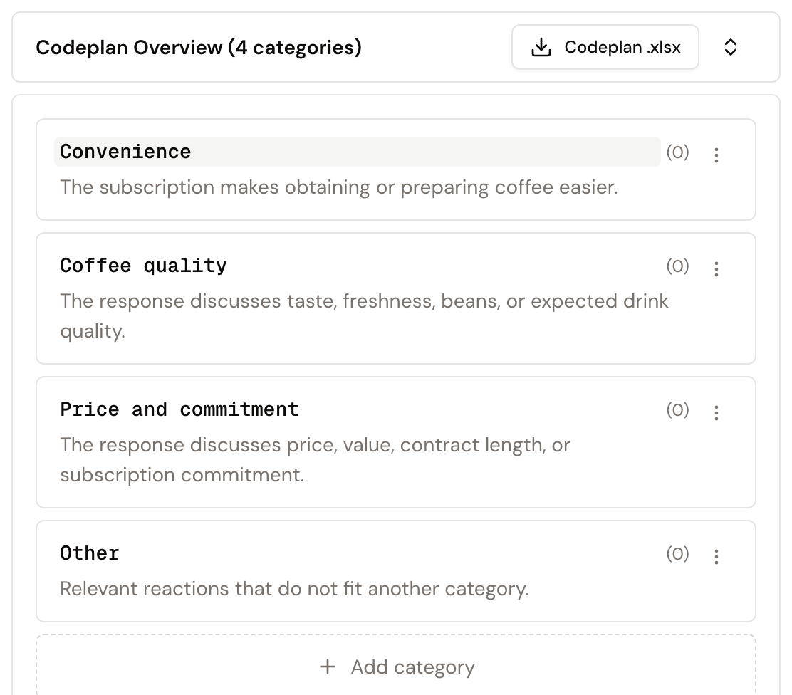 Expanded Codeplan Overview with four editable categories and their coding rules