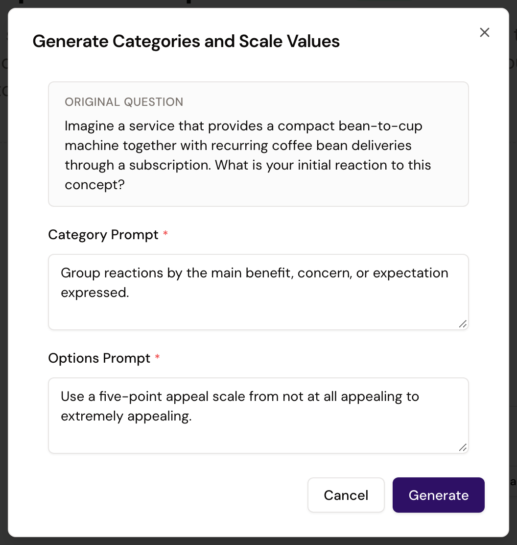 Generate Categories and Scale Values dialog with the original question and separate prompts for categories and options