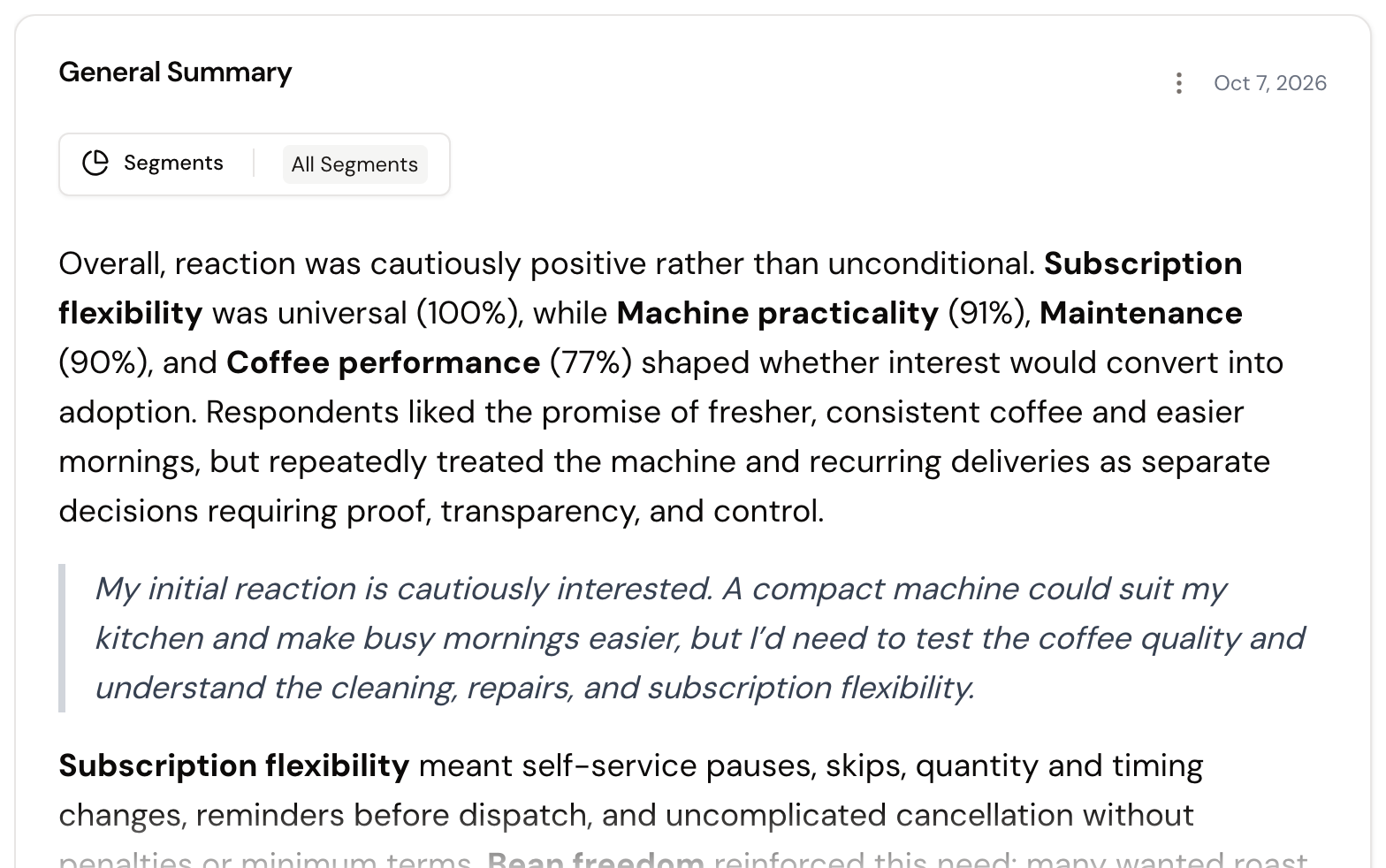 General Summary card with key findings, source examples, and download and notes actions